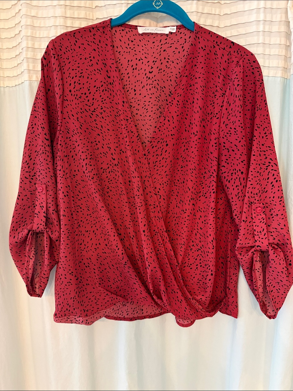 All That Jazz Berry Red Wrap-Style Blouse with Black Speckle
